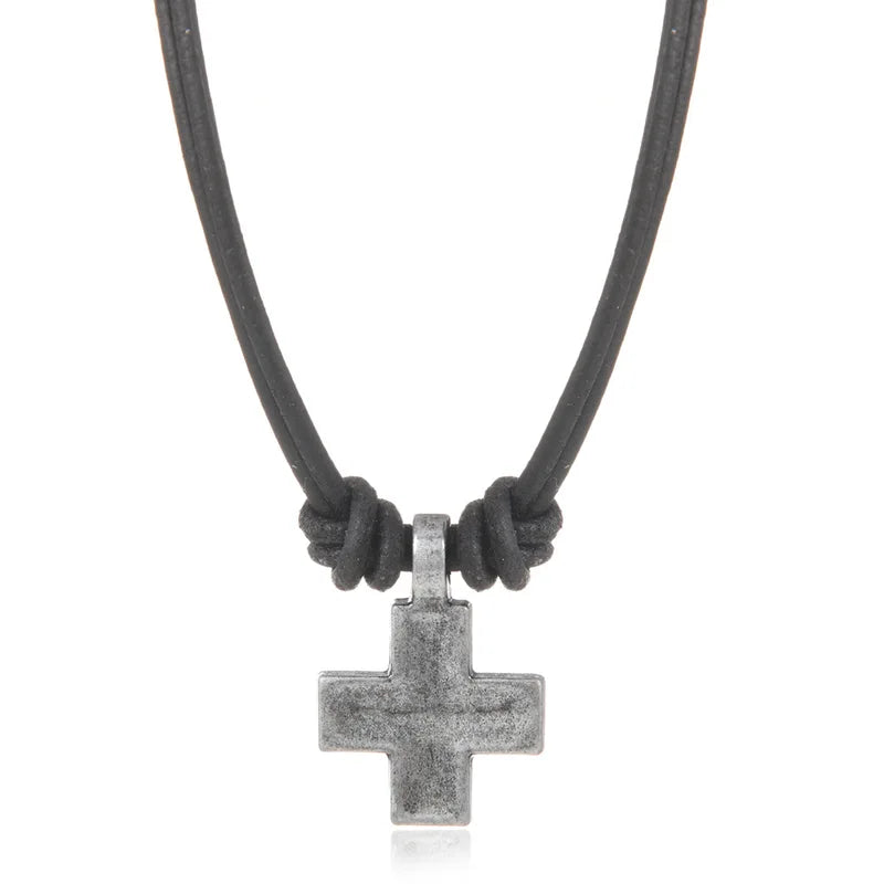 Women and Men Retro Woven Cross Pendant Necklace Rope Leather Chain