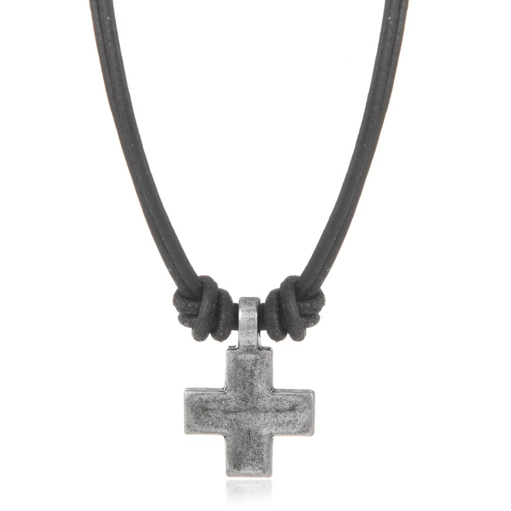 Women and Men Retro Woven Cross Pendant Necklace Rope Leather Chain