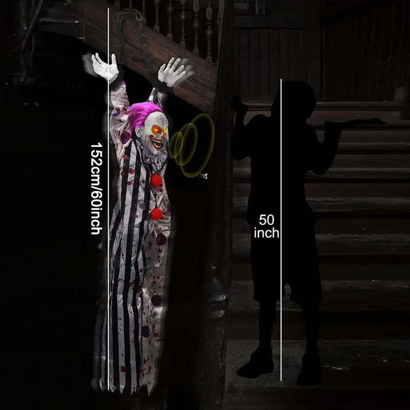 Halloween Hanging Clown Decoration with Sound & Light - Creepy Indoor/Outdoor Prop - 5.2FT