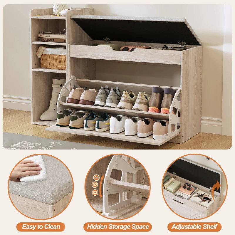 43.2-Inch Storage Bench with Flip Drawers & Adjustable Shelf for Entryway or Bedroom