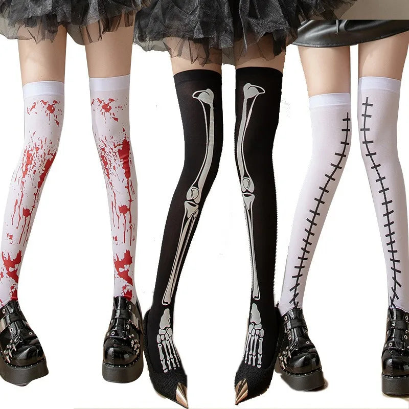 Halloween Bloodstained Bone Ghost Long Knee High Socks Cosplay Devil Girl Stockings