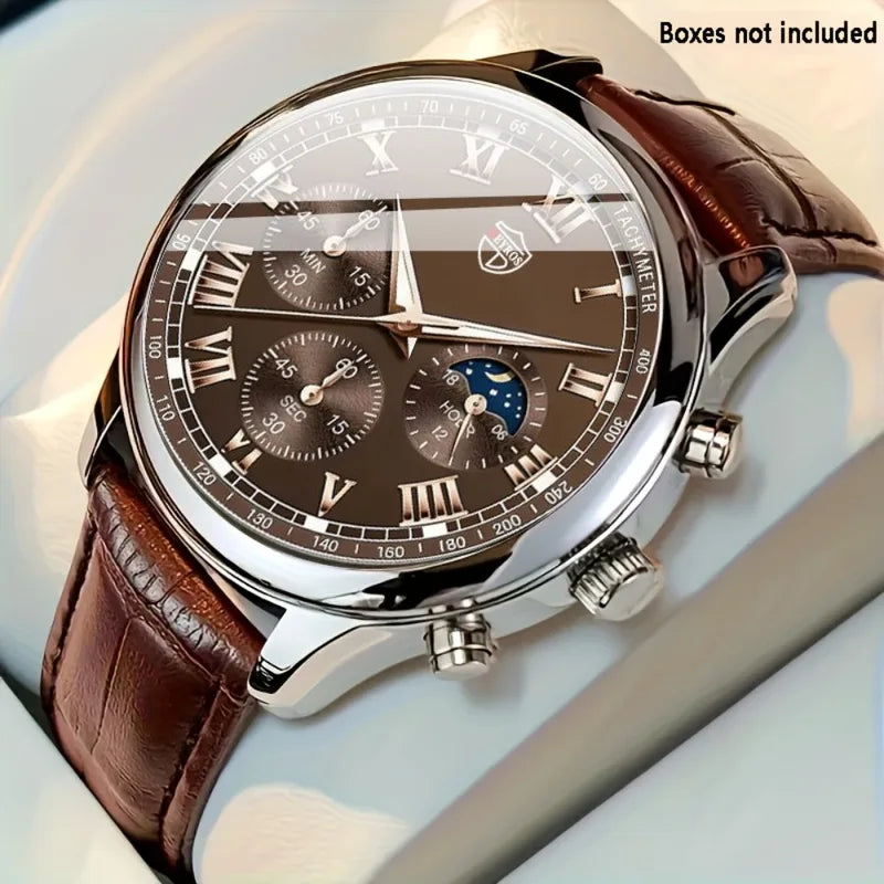 Men's Luxury Business PU Leather Round Dial Quartz Watch - Multiple Colors