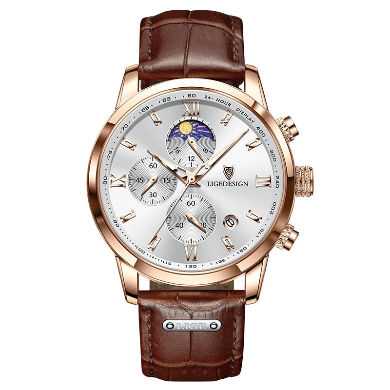 Men's Luxury Leather Waterproof Chronograph Sport Watch - Casual Business Style
