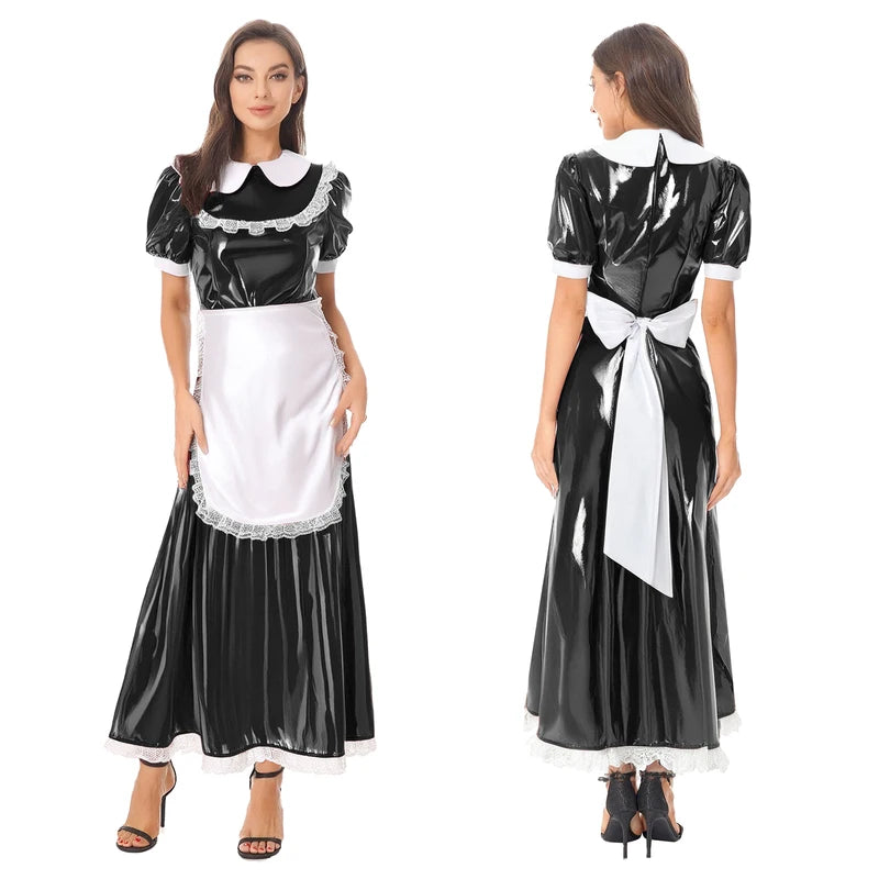 Women's Latex French Maid Cosplay Costume Dress with Apron for Halloween & Parties