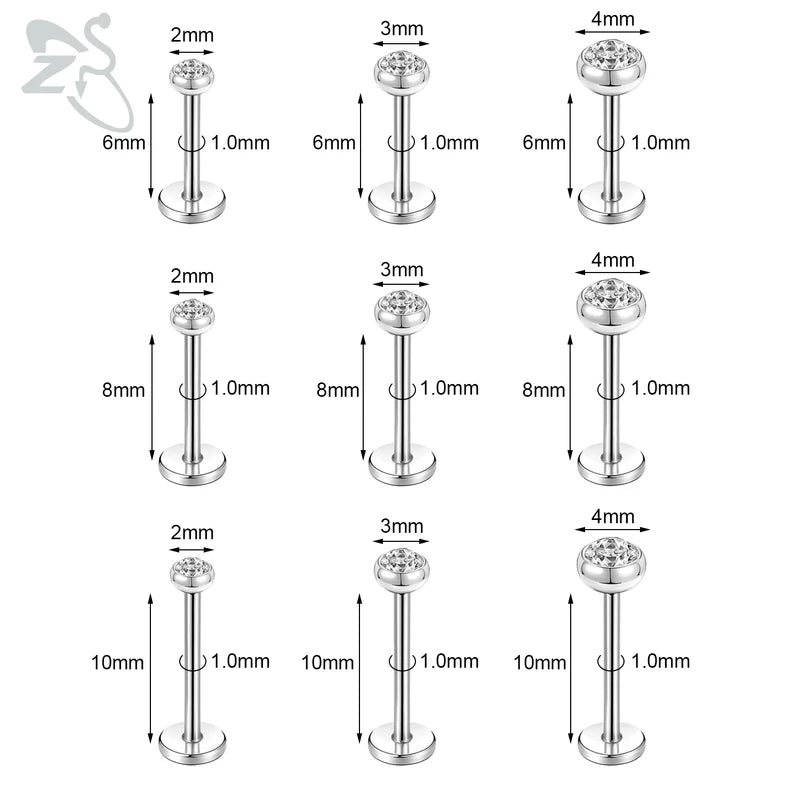 10 Pcs Stainless Steel Lip Piercing Set with CZ Crystals, 6/8/10MM - Men & Women