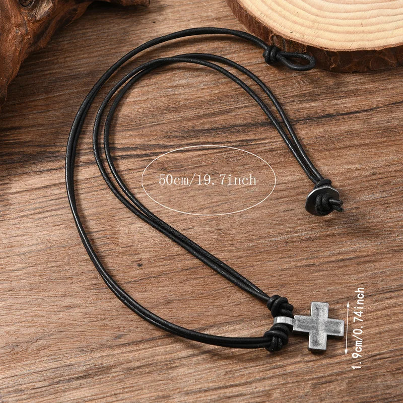 Women and Men Retro Woven Cross Pendant Necklace Rope Leather Chain