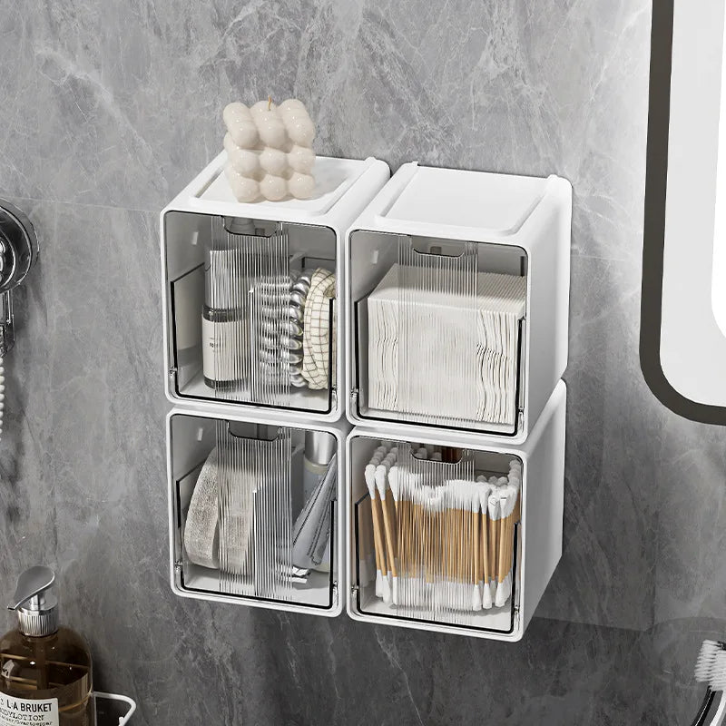 Clear Pull-Out Bathroom Storage Box for Cotton Swabs & Pads - No-Drill Organizer