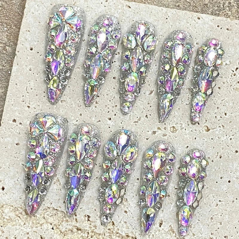 10Pcs Long Stiletto Fake Nail Tips with Diamond Accents - DIY Press On Nails