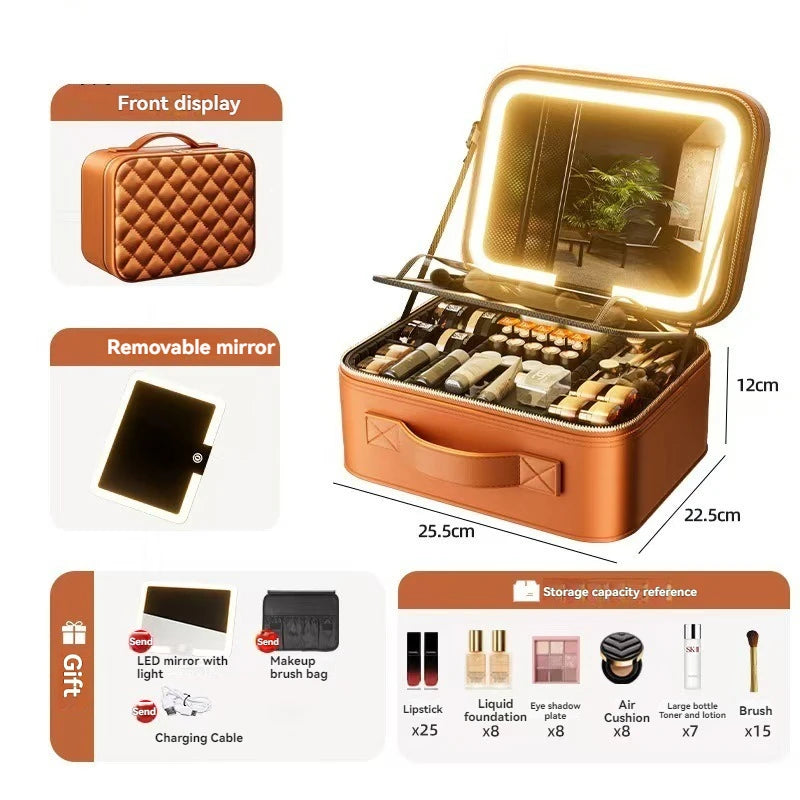 Portable LED Makeup Mirror Train Case Large Capacity Cosmetic Organizer with Brush Holder