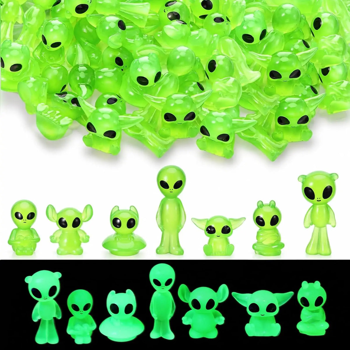 14Pcs Luminous Mini Alien Resin Figurines - Glow in Dark Space Party Decorations