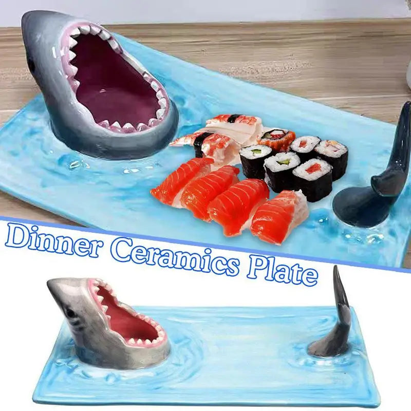 Shark-Shaped Ceramic Plate for Sushi Snacks and Decorative Tableware - Blue Grey