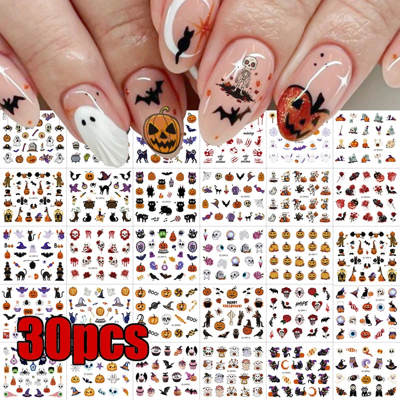 30pcs Halloween Nail Art Stickers Ghost Pumpkin Skull Bat Black Cat Decorations