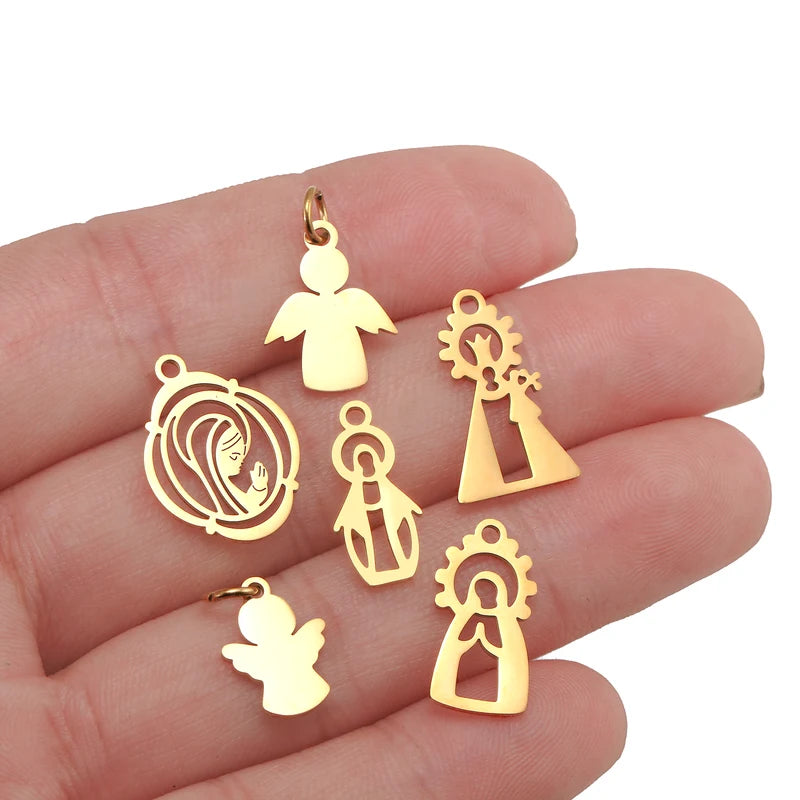 5Pcs Stainless Steel Angel Pendant Charms for Jewelry Making - Catholic Religious Craft Supplies