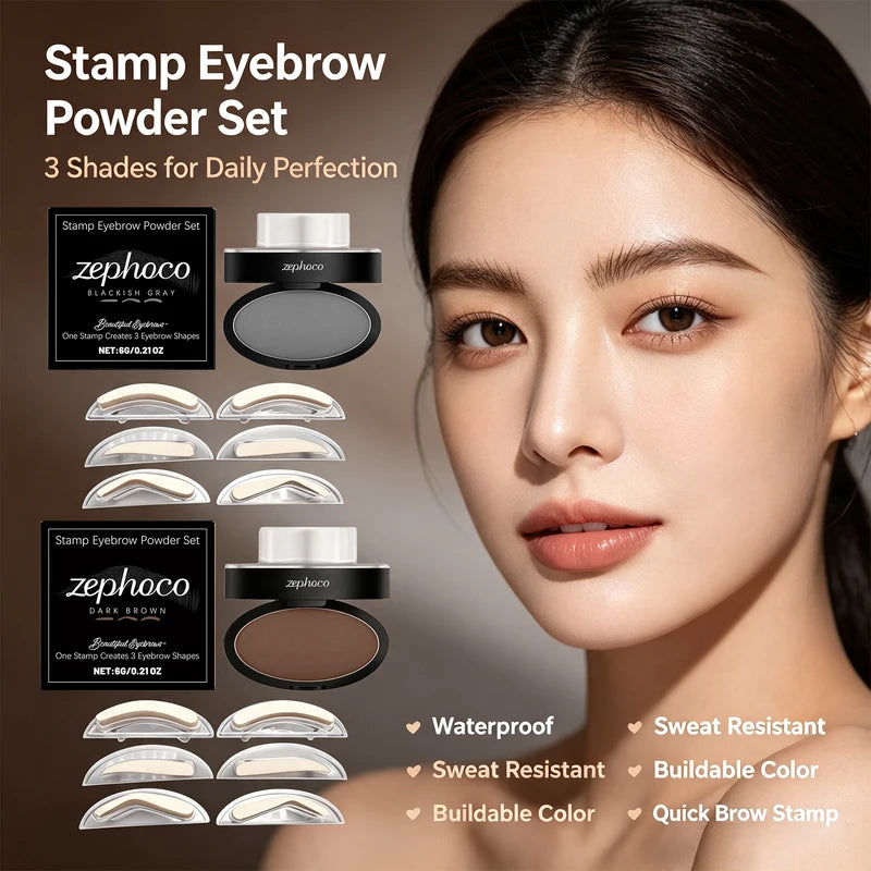 Waterproof Eyebrow Stamp Kit with 3 Shapes & Long-Lasting Powder - Natural Brow Makeup