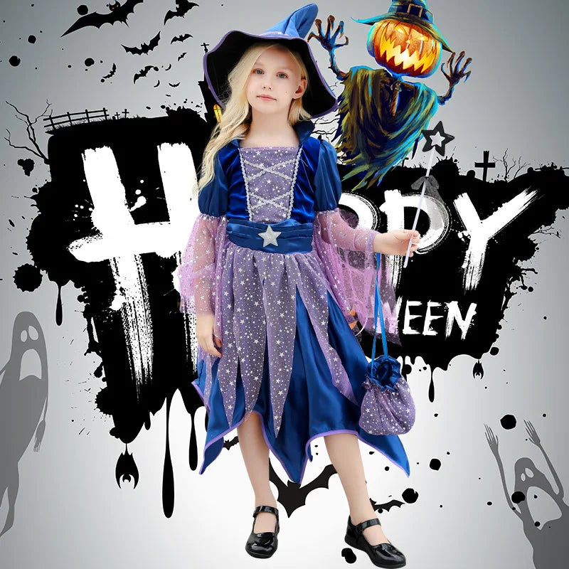 Girls Witch Costume Dress with Hat, Wand & Bag for Halloween Party Kids Cosplay