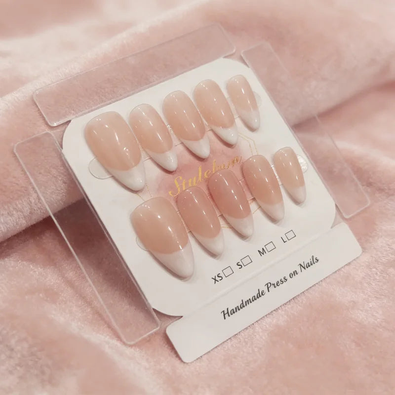 10 Pcs French Almond Cat-Eye Nude Press-On Nails Short Fake Nail Set for Women & Girls