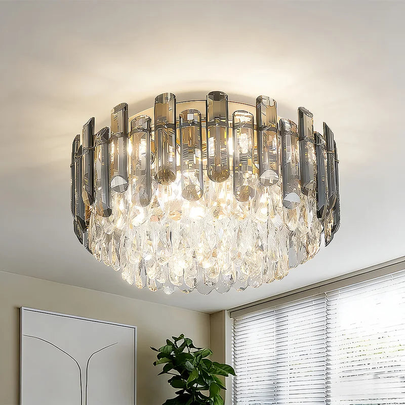 Smoked Gold Crystal Chandelier - Adjustable Round K9 Crystal Modern Lighting for Dining Living Bedroom Entryway