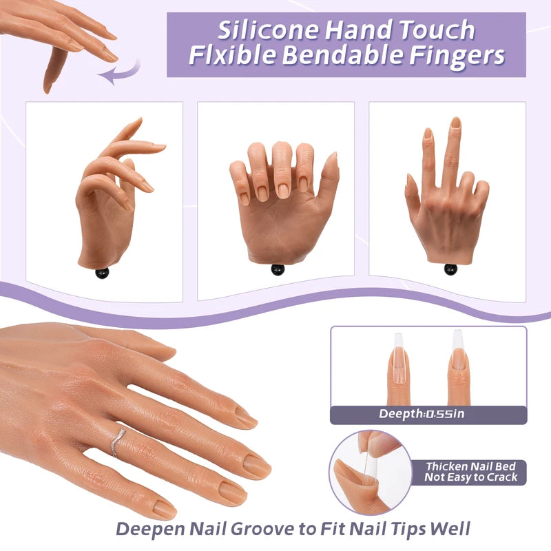 Practice Hand for Acrylic Nails - Silicone Flexible Reusable Nail Training Tool