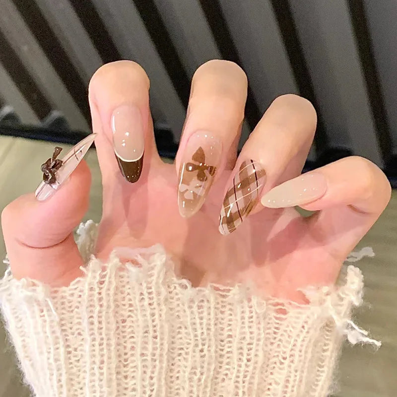 24Pcs Press-On Nails with French Bow Design Medium Almond Style for Women & Girls