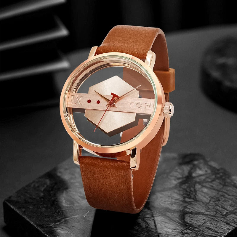 Men's Leather Watch Strap with Hollow Design and Glass Bottom Cover - Quartz Movement