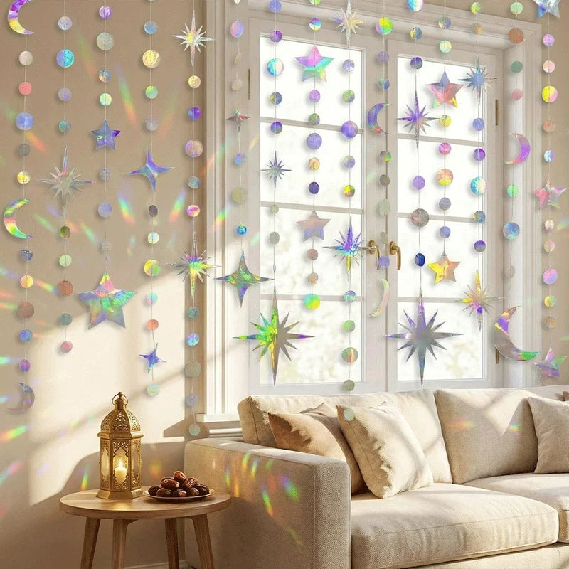 Colorful Iridescent Star Moon Circle Dot Hanging Garland Party Decor Ramadan Eid Wedding Baby Shower Birthday