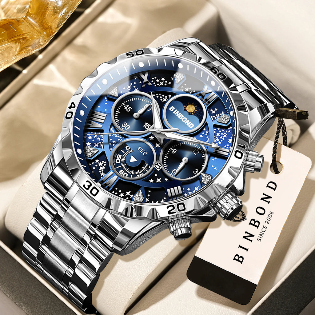 Men's Luxury Quartz Chronograph Watch with Luminous Dial and Stainless Steel Band