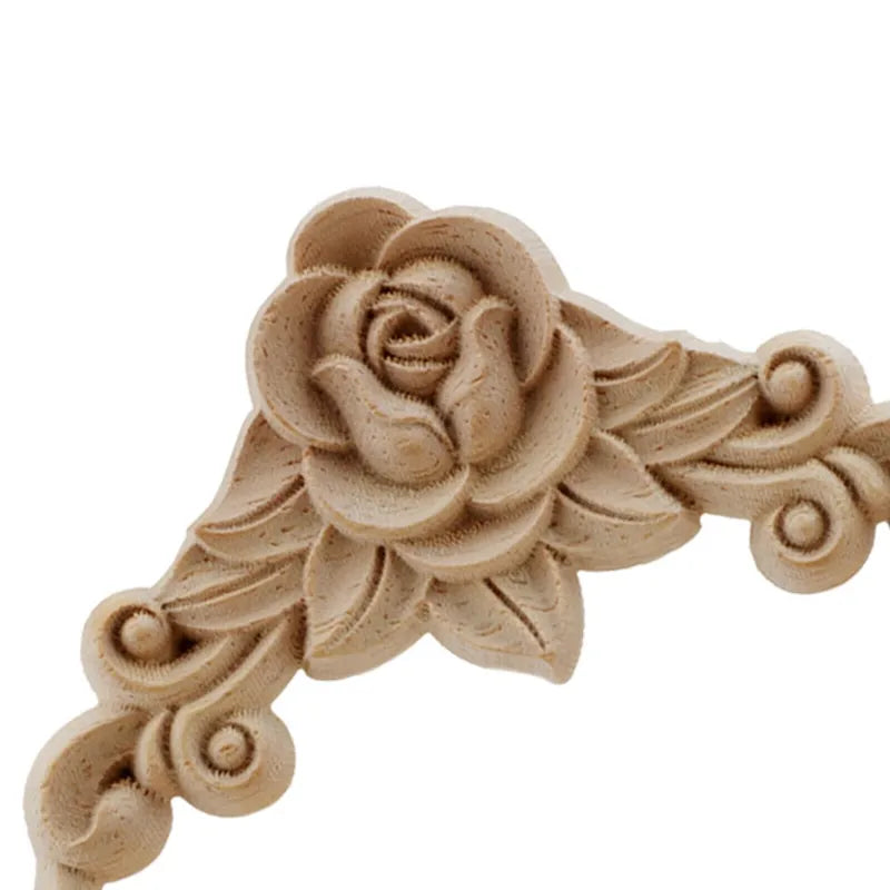 Wooden Floral Corner Wall Decor - Set of 4 Carved Wooden Appliques for Doors & Furniture
