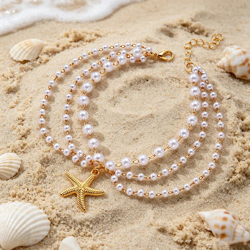 Multilayer Starfish Pearl Anklets for Women & Men Beach Boho Foot Jewelry