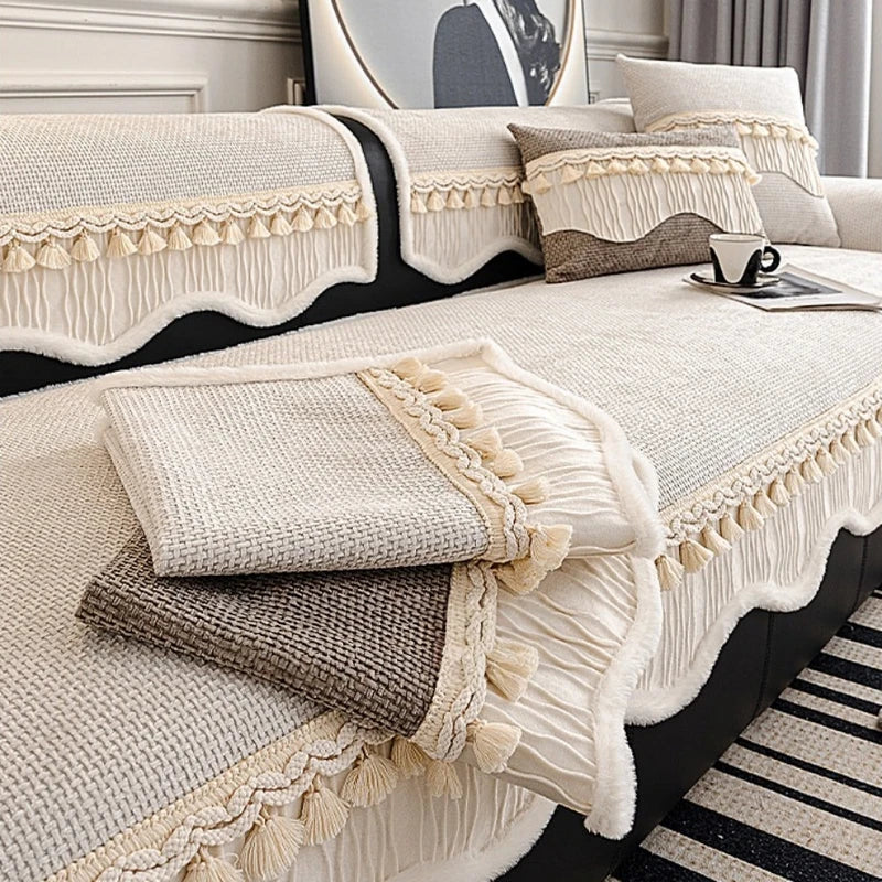 Chenille Sofa Cover with Velvet Hem & Tassels - Non-Slip All Seasons Decor