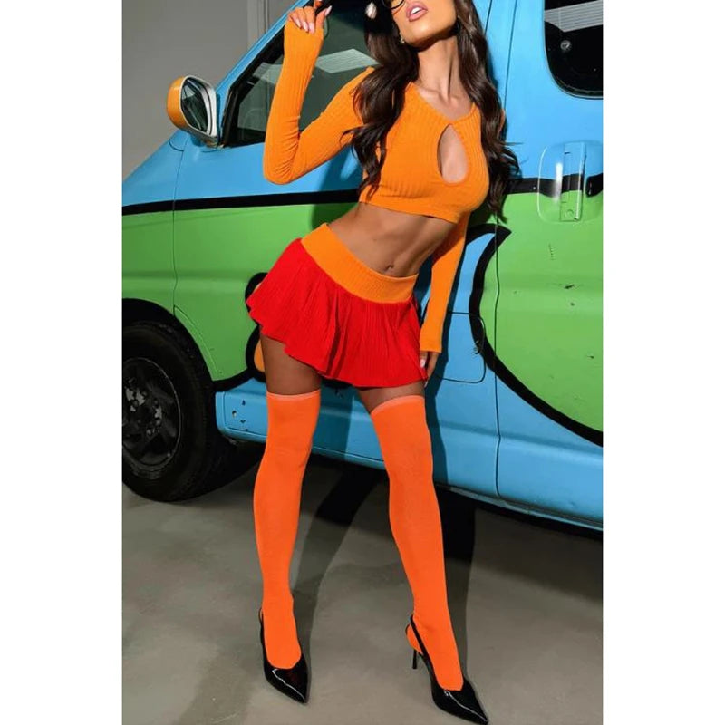 Halloween Velma Costume Women Orange Crop Top & Pleated Skirt Set