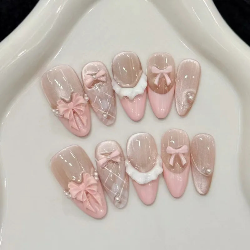 24Pcs Almond Fake Nail Tips with Bow Pearl Design - Press On Full Cover Nails
