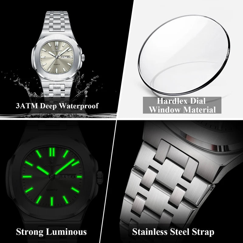 Square Women's Waterproof Luminous Quartz Watch with Date - Stainless Steel, Fashion Gift