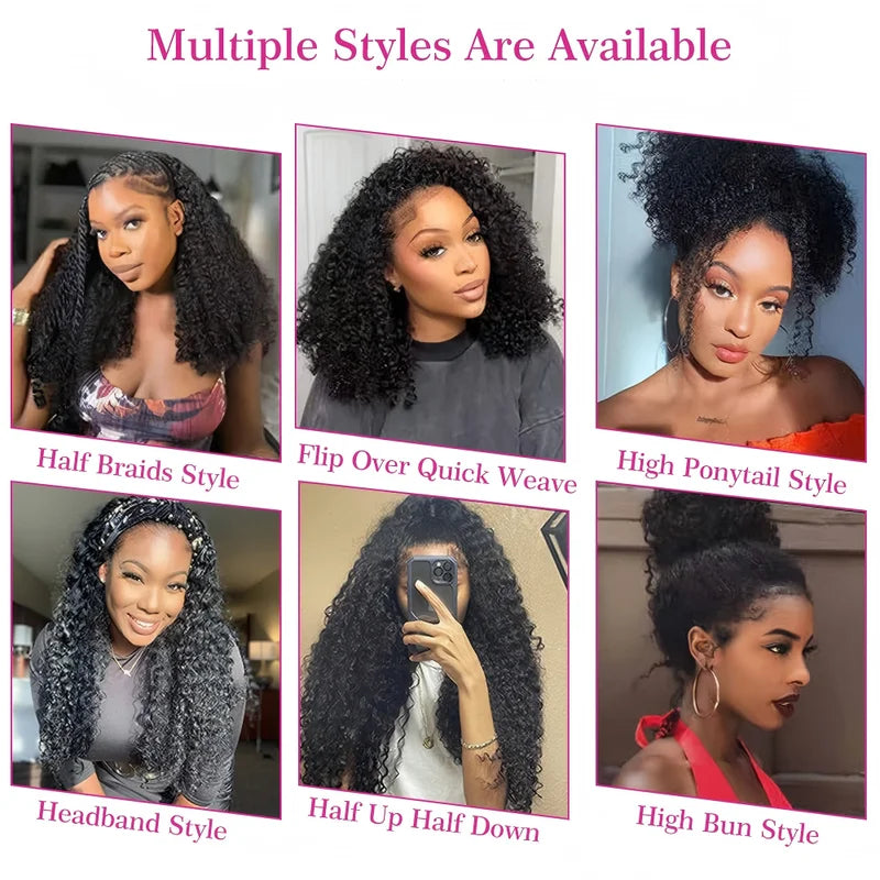 Kinky Curly Half Wig 3-in-1 Human Hair with Clip-Ins & Drawstring Seamless Style