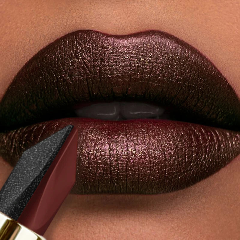 Waterproof Two-Tone Lipstick with Pearlescent Finish - Matte Non-Stick Red Black Brown Lips Makeup