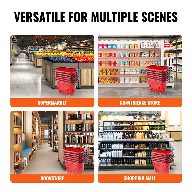 6-Pack Heavy-Duty Shopping Baskets with Wheels - 39L Capacity, Portable Grocery Carts