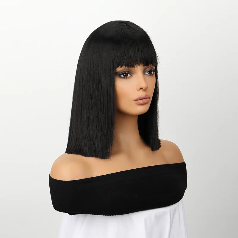 Black Bob Wig with Bangs for Women Short Straight Synthetic Heat-Resistant Wig