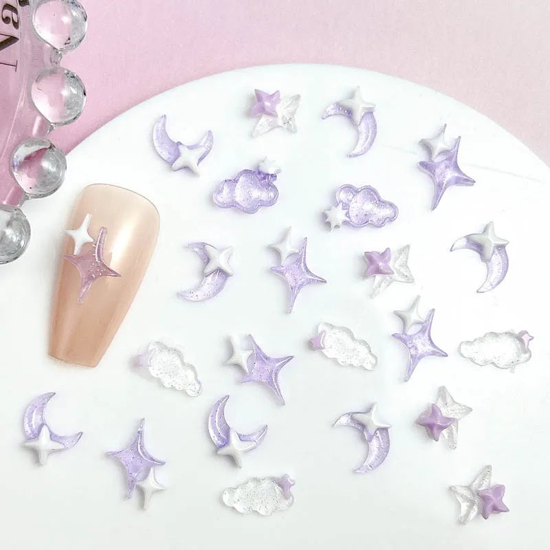 50PCS Transparent Resin Moon Cloud Nail Charms with Sparkling Star for DIY Nail Art