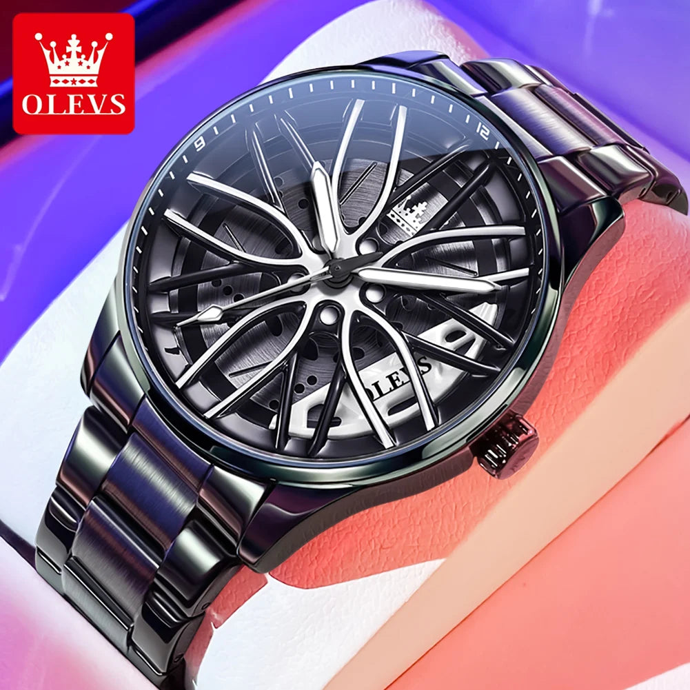 Men's Quartz Watch with Luminous Dial Waterproof Stainless Steel Rotatable Wheel Hub