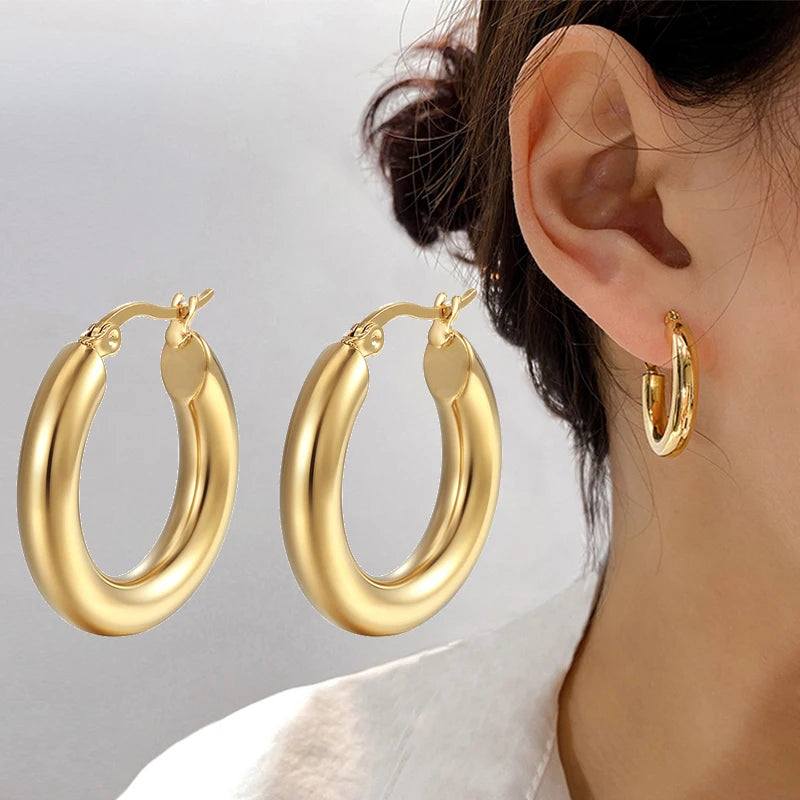Classic Round Hoop Earrings for Women - Stainless Steel, 5mm Thick, Vintage Jewelry