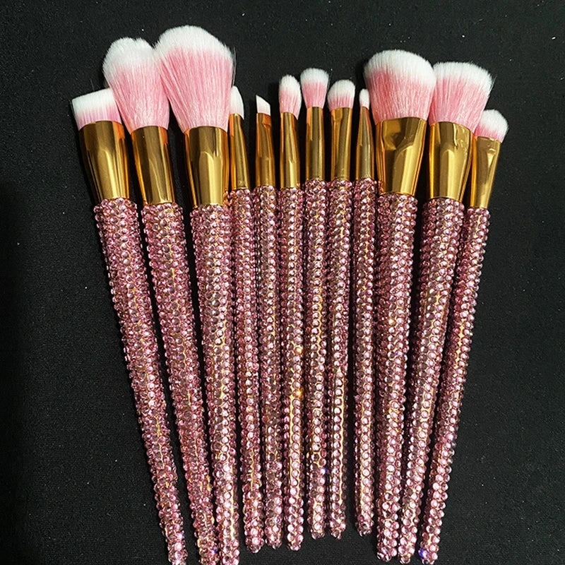 Diamond-Studded Makeup Brushes 12-Piece Set Garnished with Gems for Foundation Concealer