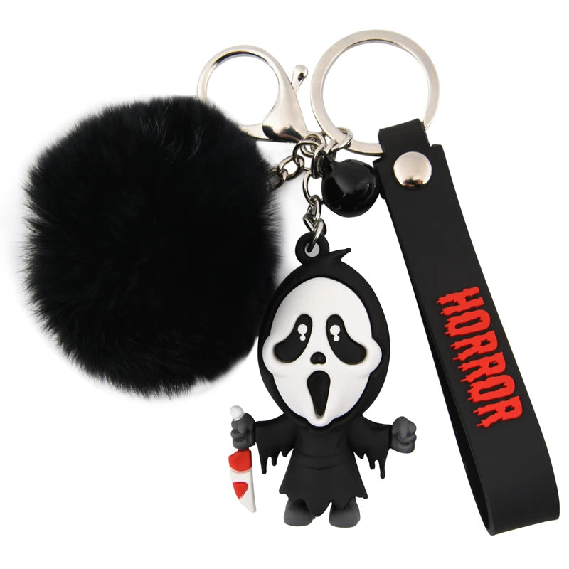 Creepy-Cute Ghost Keychain with Black Fur Ball Gothic Charm Halloween Accessory
