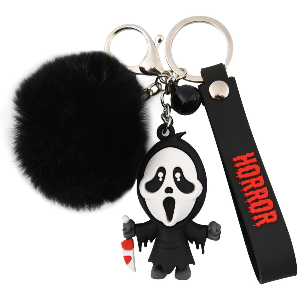 Creepy-Cute Ghost Keychain with Black Fur Ball Gothic Charm Halloween Accessory