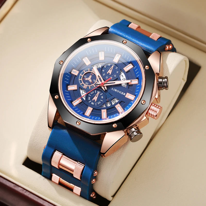 Men's Sports Quartz Watch with Silicone Band and Date Calendar