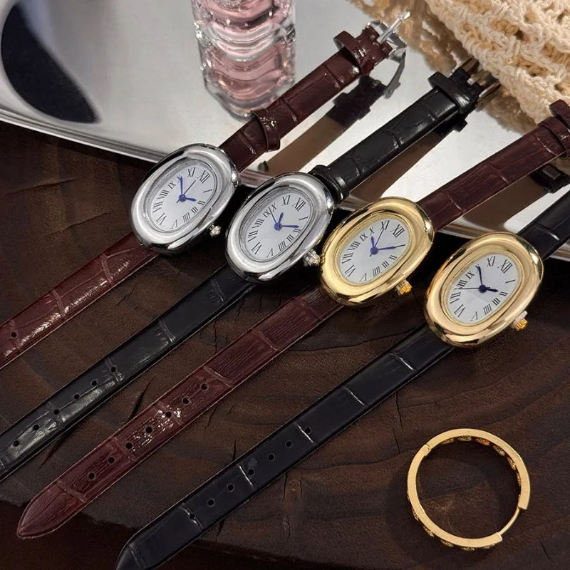 Oval Fashion Quartz Watch with Imitation Leather Strap - Compact Casual Style