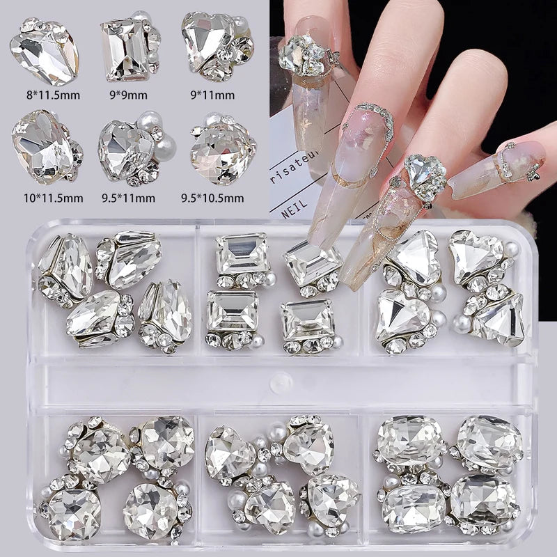 6 Grids Crystal Nail Art Rhinestones Set - Heart & Square Glass Gems for DIY Nails