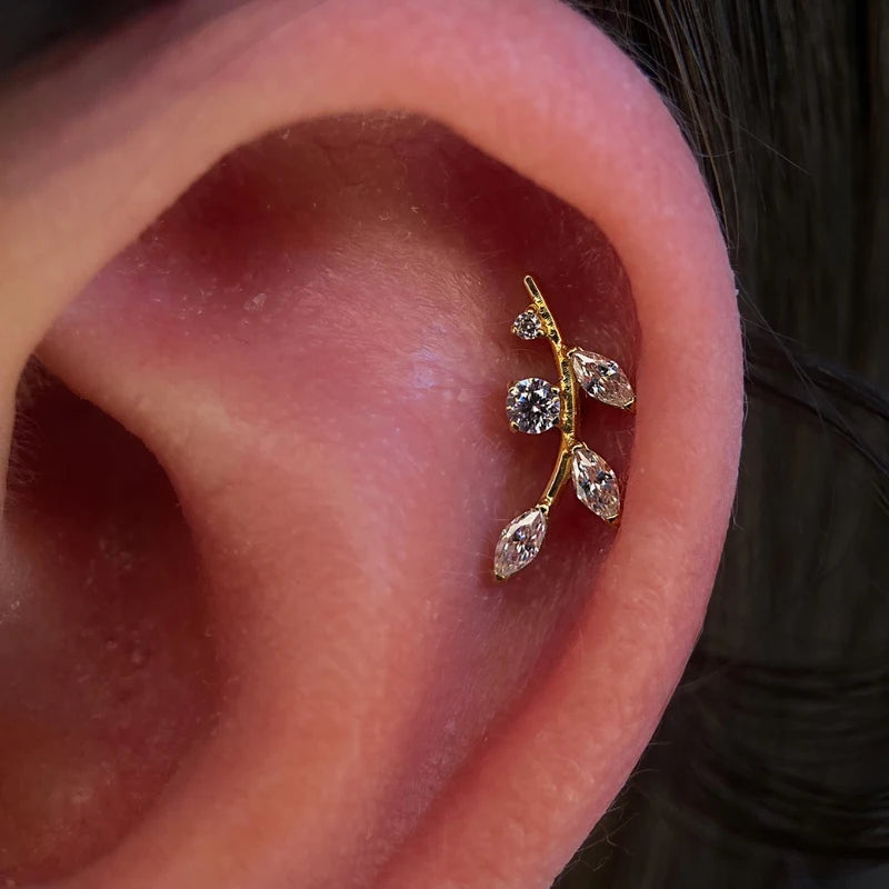 Marquise Zircon Leaf Piercing Stud 16G Titanium Earring for Tragus Conch Helix