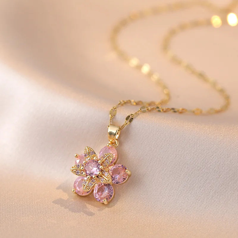 Romantic Zircon Flower Pendant Necklace for Women - Gold Plated Choker Jewelry