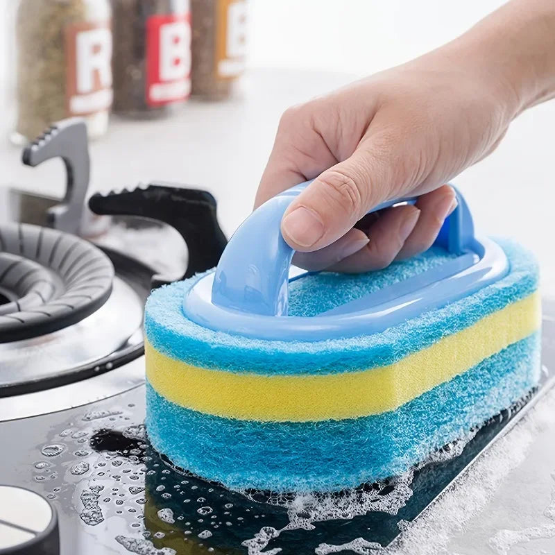 Household Cleaning Brush with Handle - Durable Sponge & Plastic Scrubbing Tool for Kitchen & Bathroom