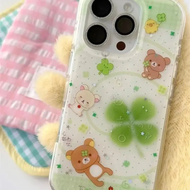 Cute Rilakkuma Four-Leaf Clover Phone Case - Protective Cover for iPhone 11-17 Pro Max