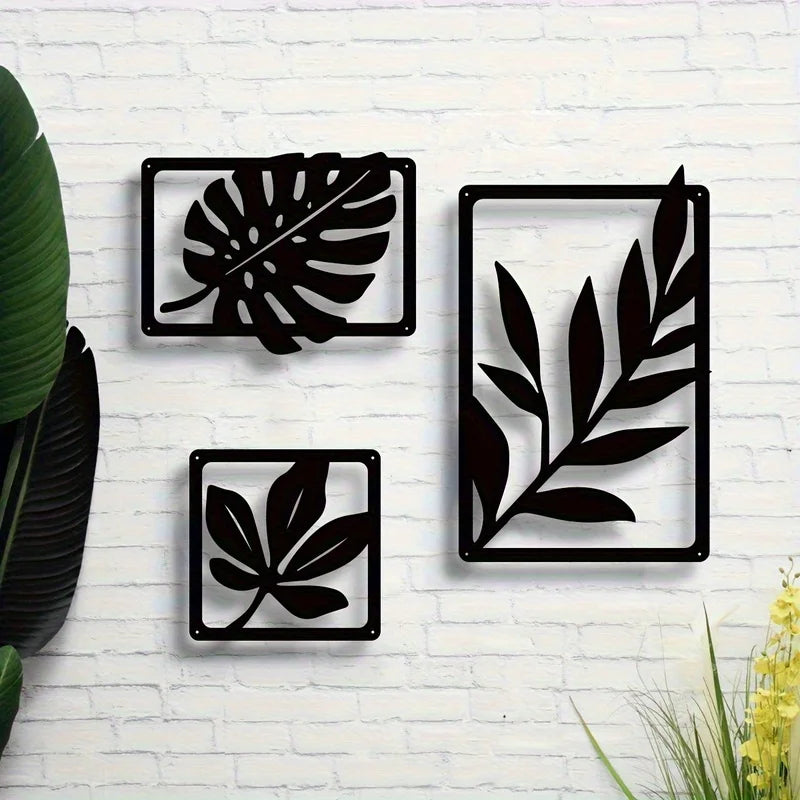 Metal Wall Art Sculpture - Black Iron Leaf Decor for Living Room & Home